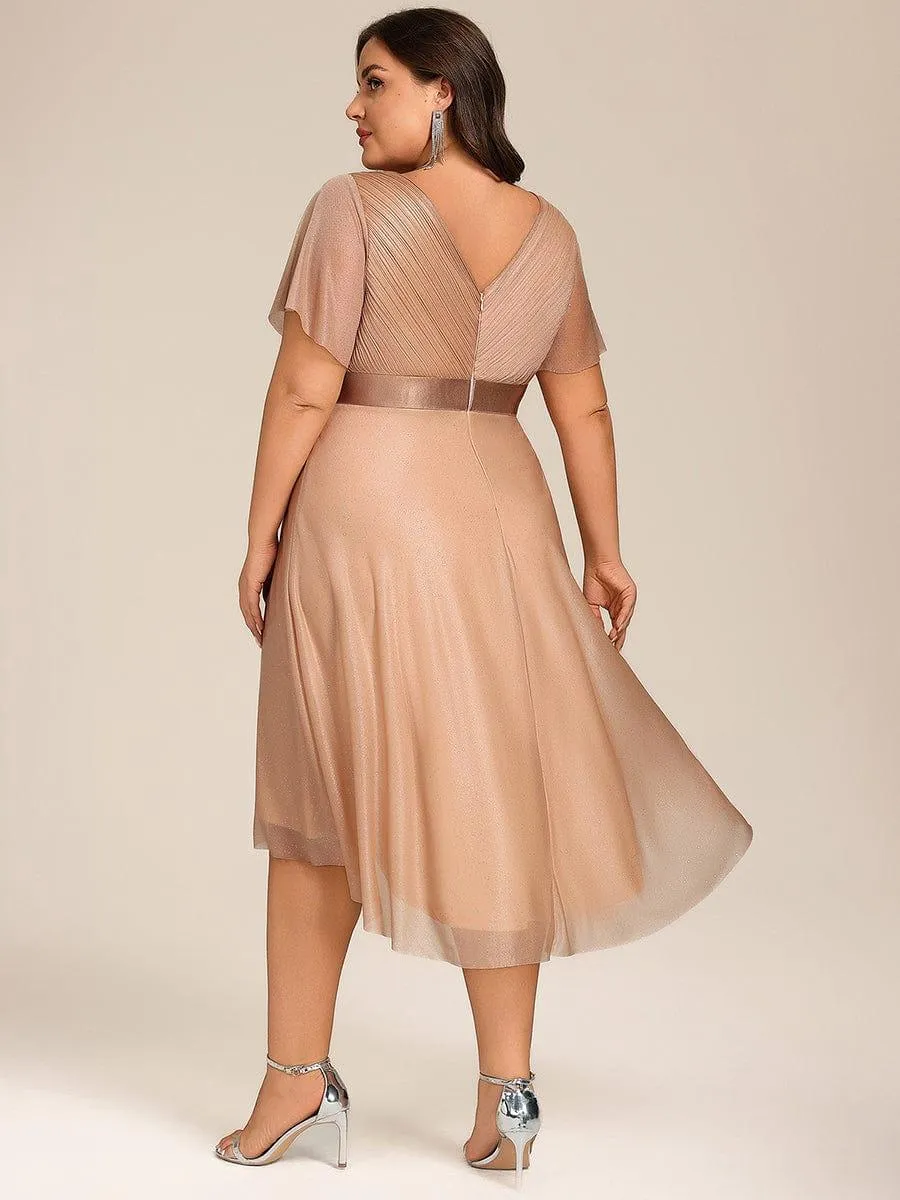 Plus Size Glitter Short Sleeve V-Neck Pleated Midi Wedding Guest Dress