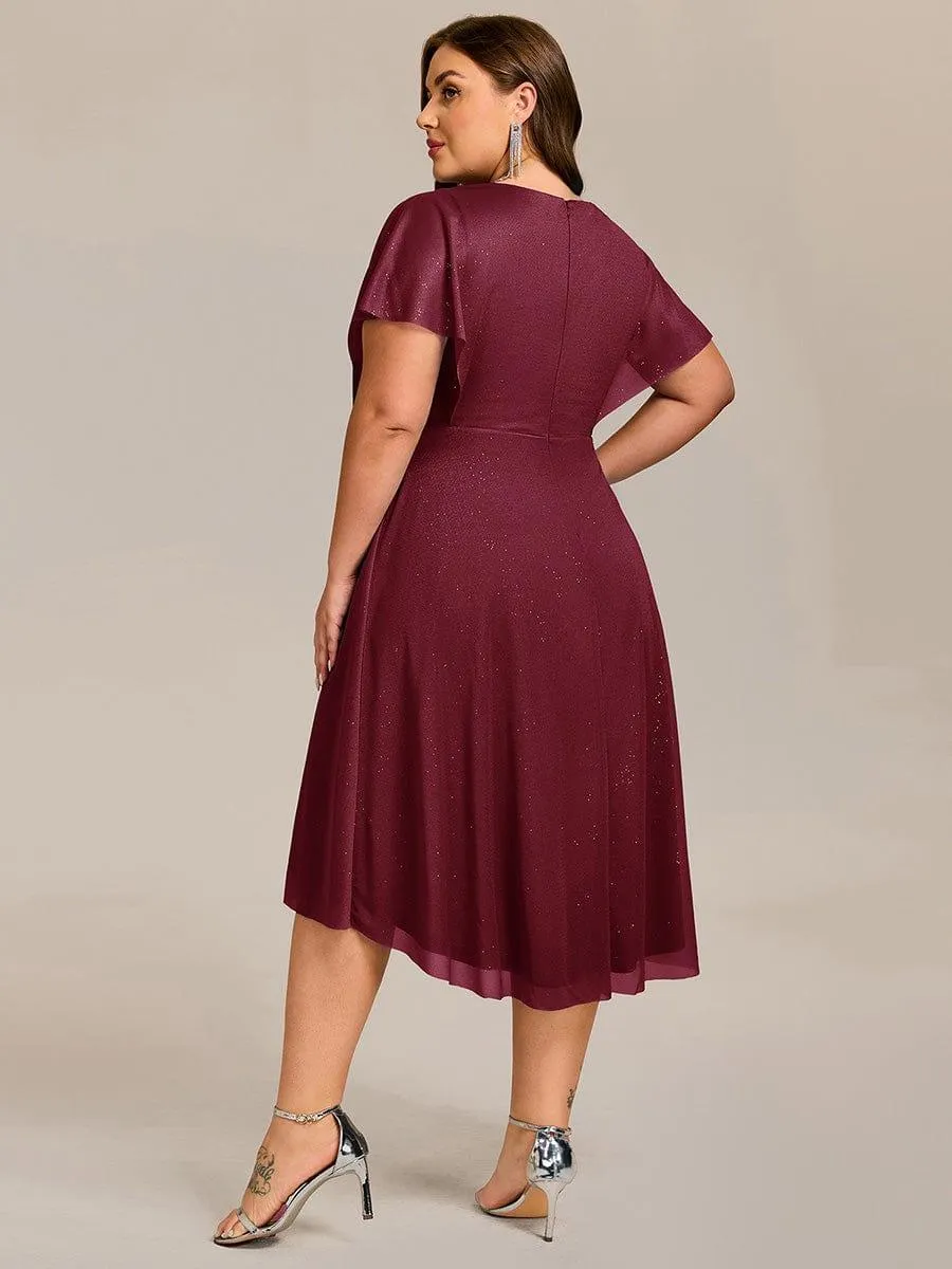 Plus Size Glitter Short Sleeve V-Neck Pleated Midi Wedding Guest Dress