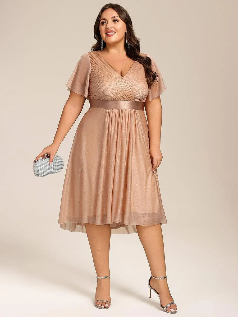 Plus Size Glitter Short Sleeve V-Neck Pleated Midi Wedding Guest Dress