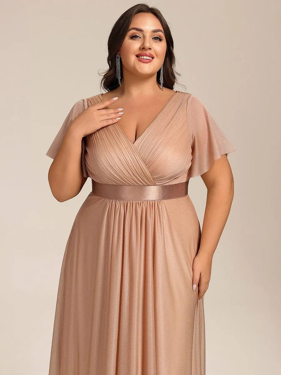 Plus Size Glitter Short Sleeve V-Neck Pleated Midi Wedding Guest Dress