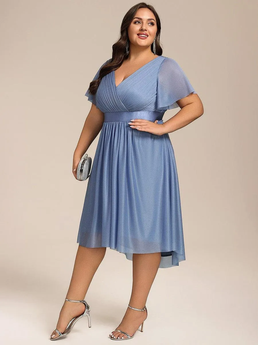 Plus Size Glitter Short Sleeve V-Neck Pleated Midi Wedding Guest Dress