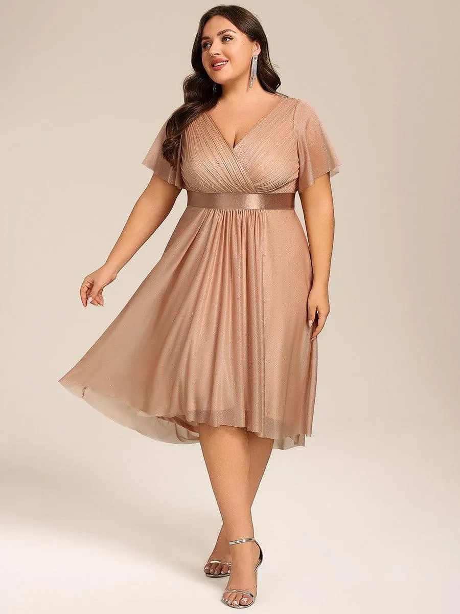 Plus Size Glitter Short Sleeve V-Neck Pleated Midi Wedding Guest Dress