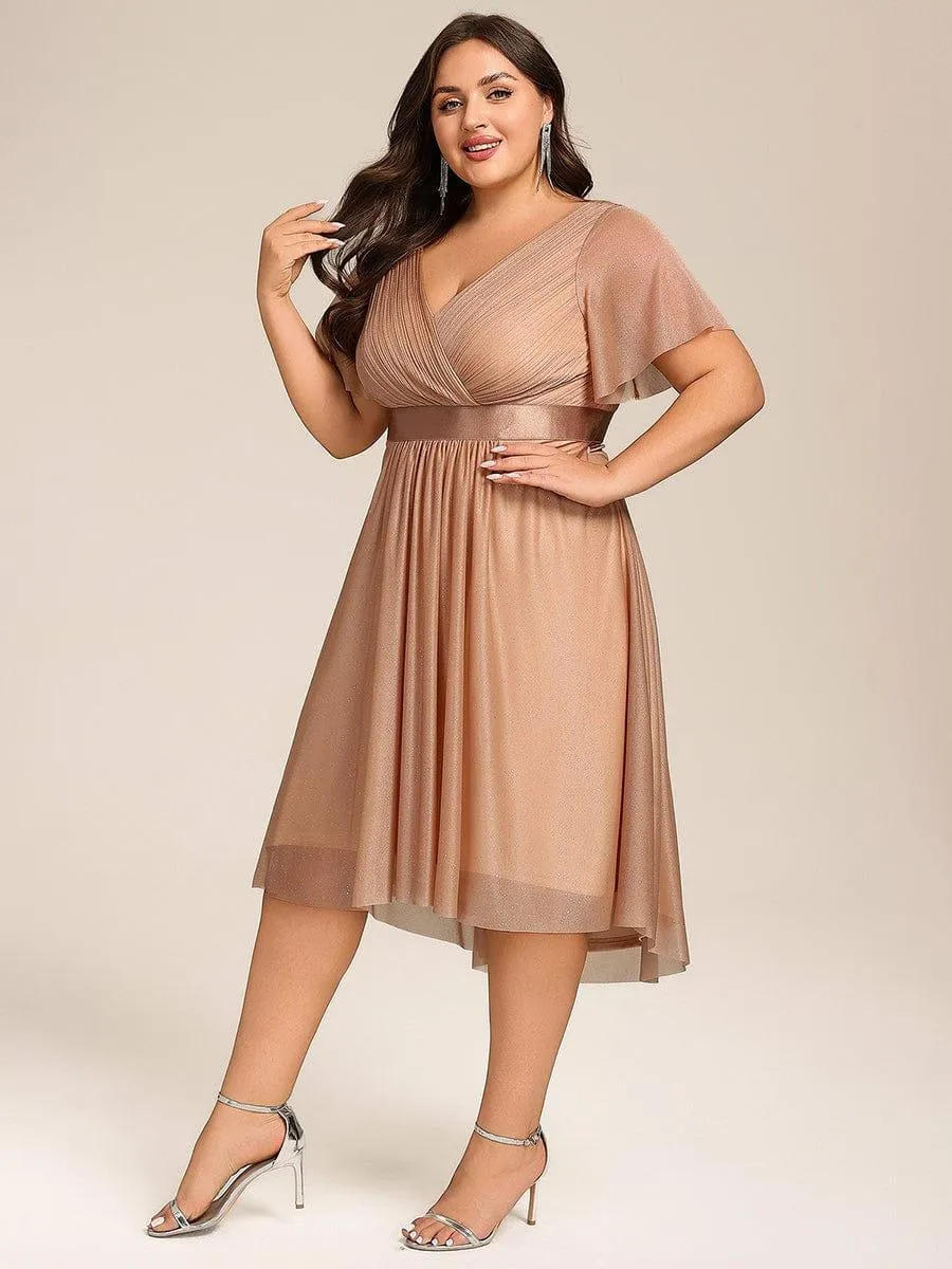 Plus Size Glitter Short Sleeve V-Neck Pleated Midi Wedding Guest Dress