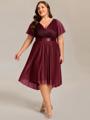 Plus Size Glitter Short Sleeve V-Neck Pleated Midi Wedding Guest Dress
