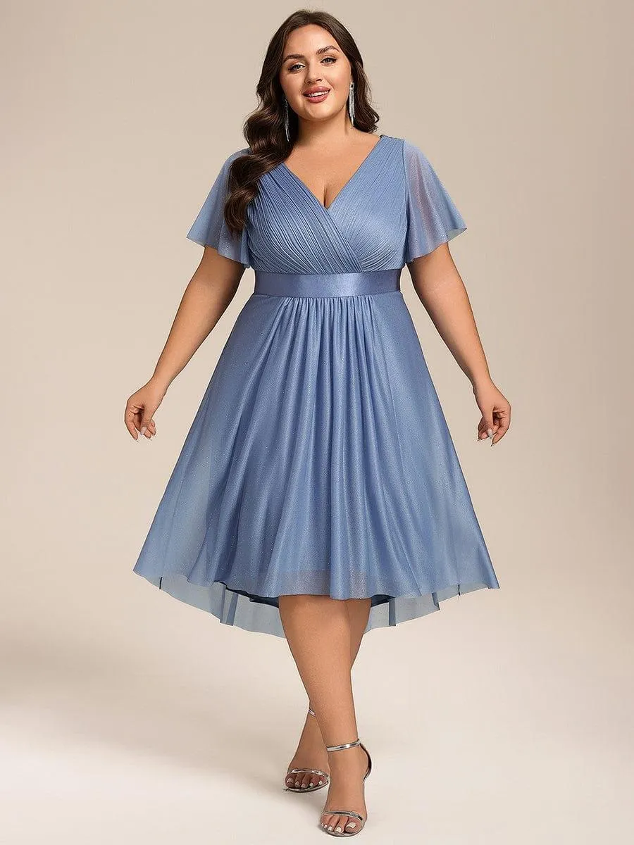 Plus Size Glitter Short Sleeve V-Neck Pleated Midi Wedding Guest Dress