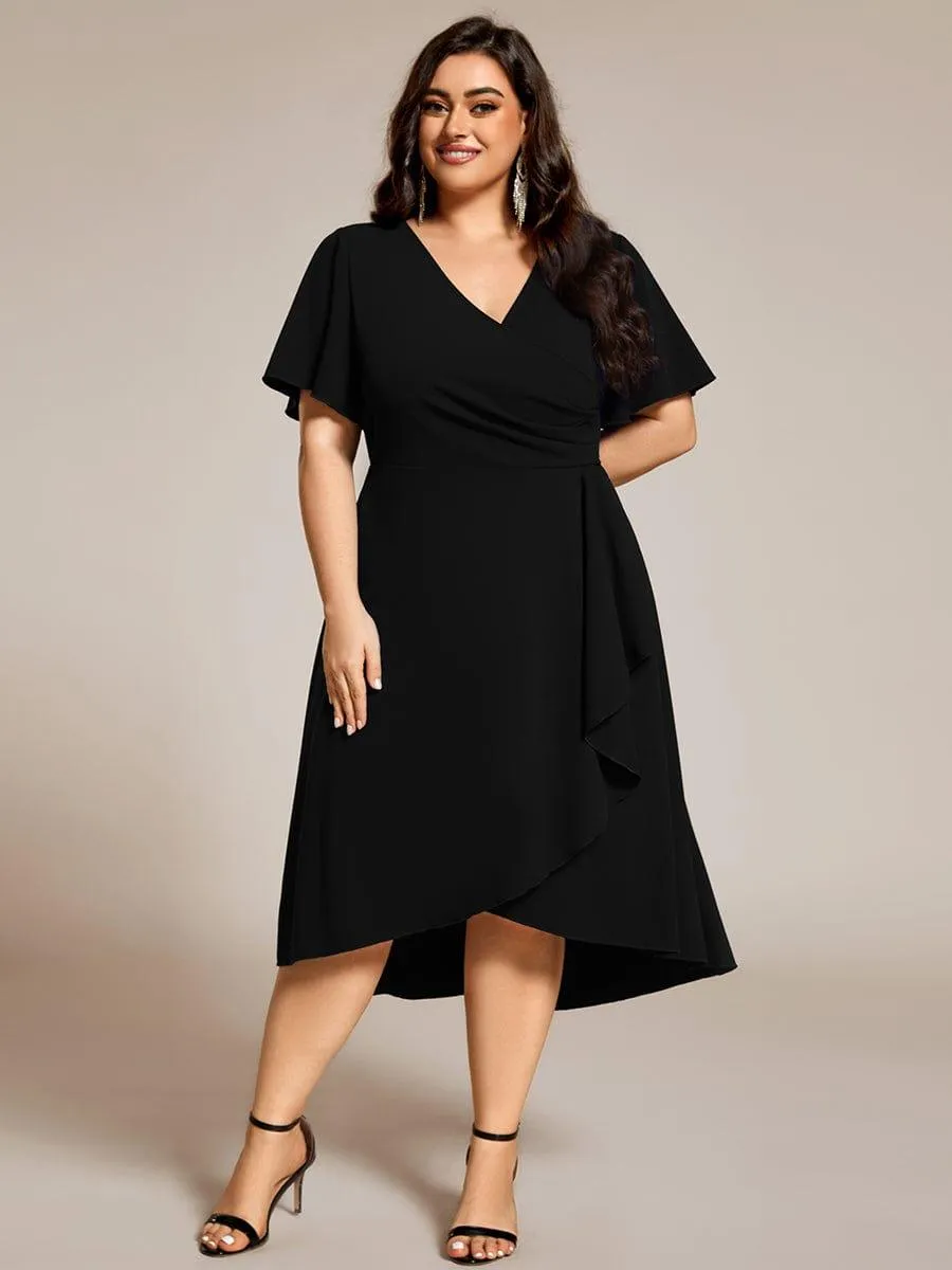 Plus Size High-Stretch V-neck Midi Wedding Guest Dress