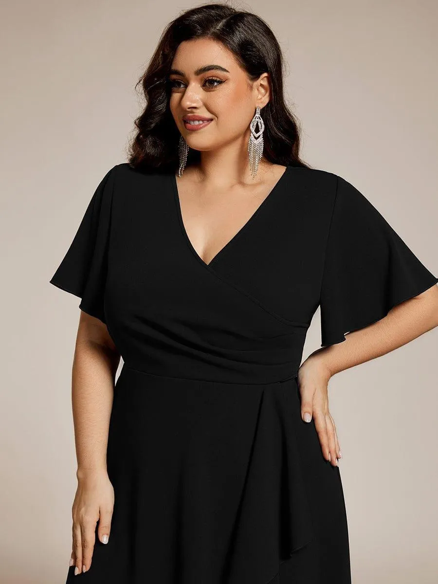 Plus Size High-Stretch V-neck Midi Wedding Guest Dress