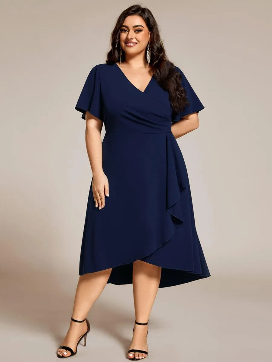 Plus Size High-Stretch V-neck Midi Wedding Guest Dress