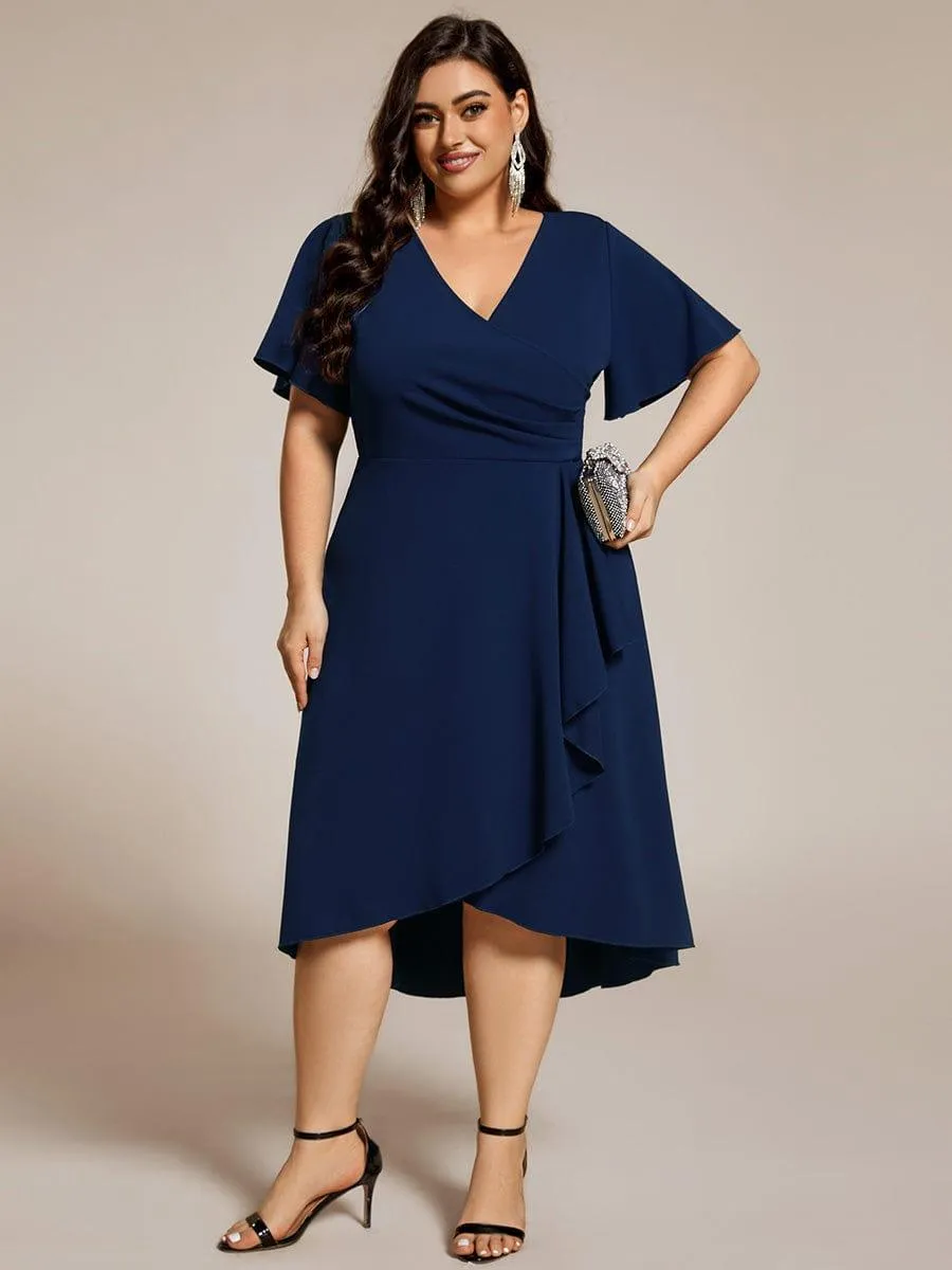 Plus Size High-Stretch V-neck Midi Wedding Guest Dress