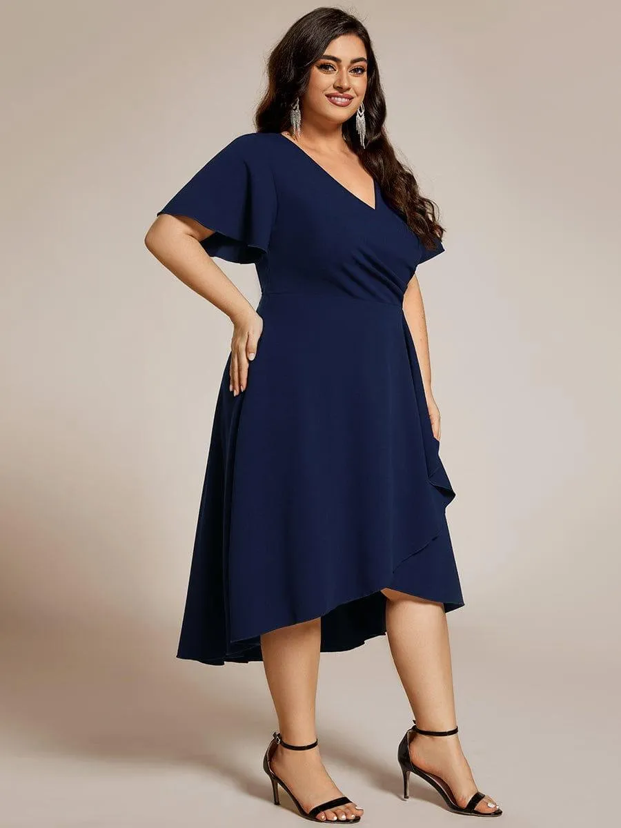 Plus Size High-Stretch V-neck Midi Wedding Guest Dress