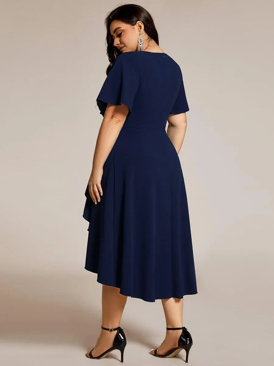 Plus Size High-Stretch V-neck Midi Wedding Guest Dress