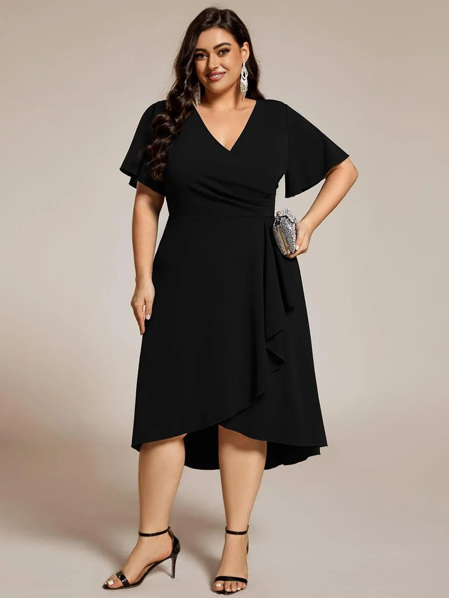 Plus Size High-Stretch V-neck Midi Wedding Guest Dress