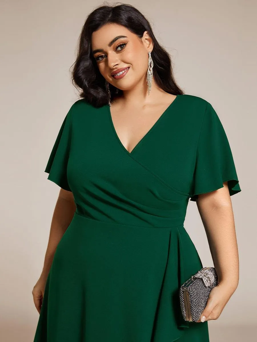 Plus Size High-Stretch V-neck Midi Wedding Guest Dress