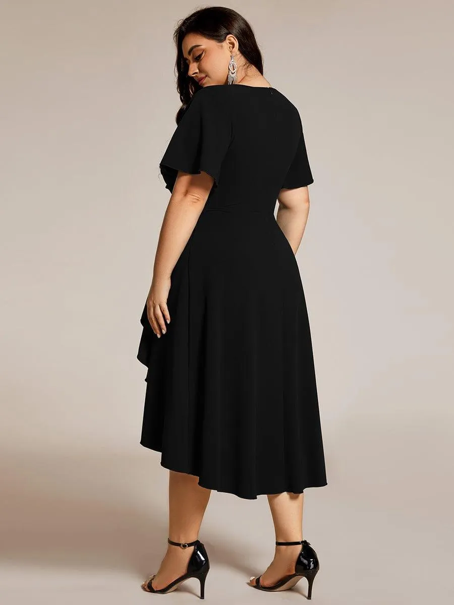 Plus Size High-Stretch V-neck Midi Wedding Guest Dress