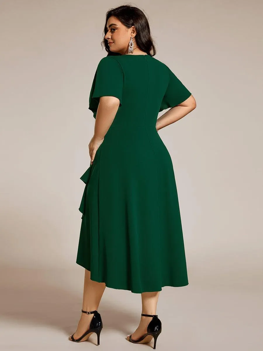 Plus Size High-Stretch V-neck Midi Wedding Guest Dress