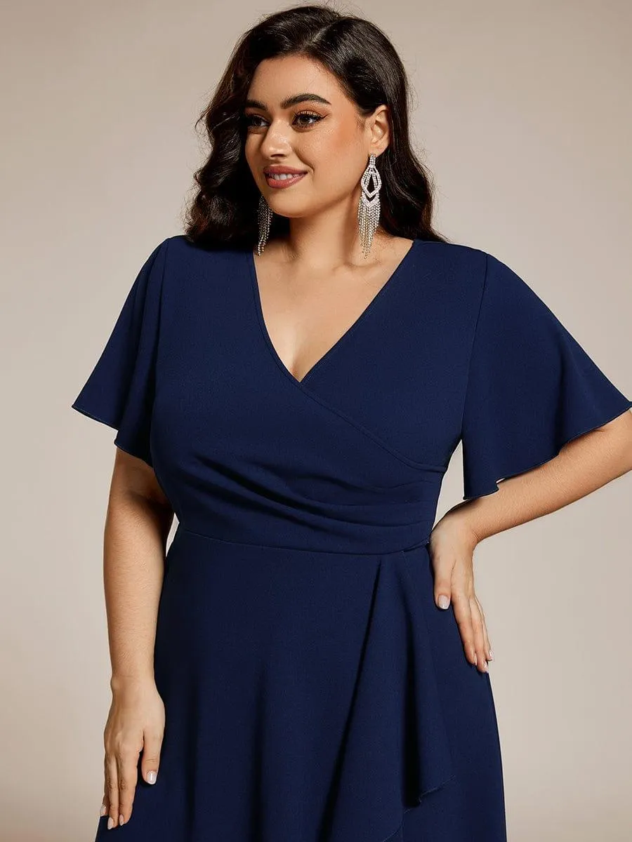 Plus Size High-Stretch V-neck Midi Wedding Guest Dress
