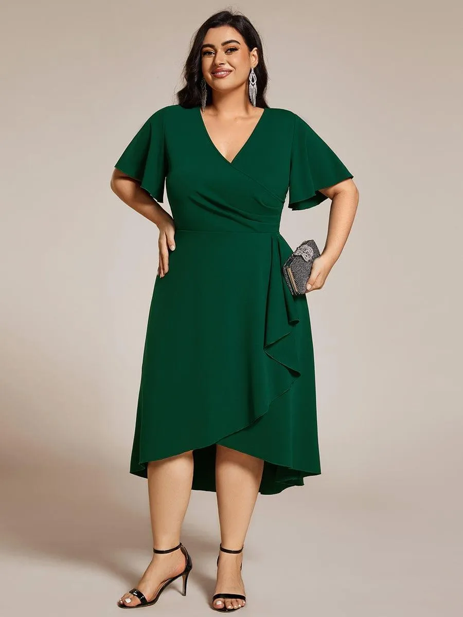 Plus Size High-Stretch V-neck Midi Wedding Guest Dress