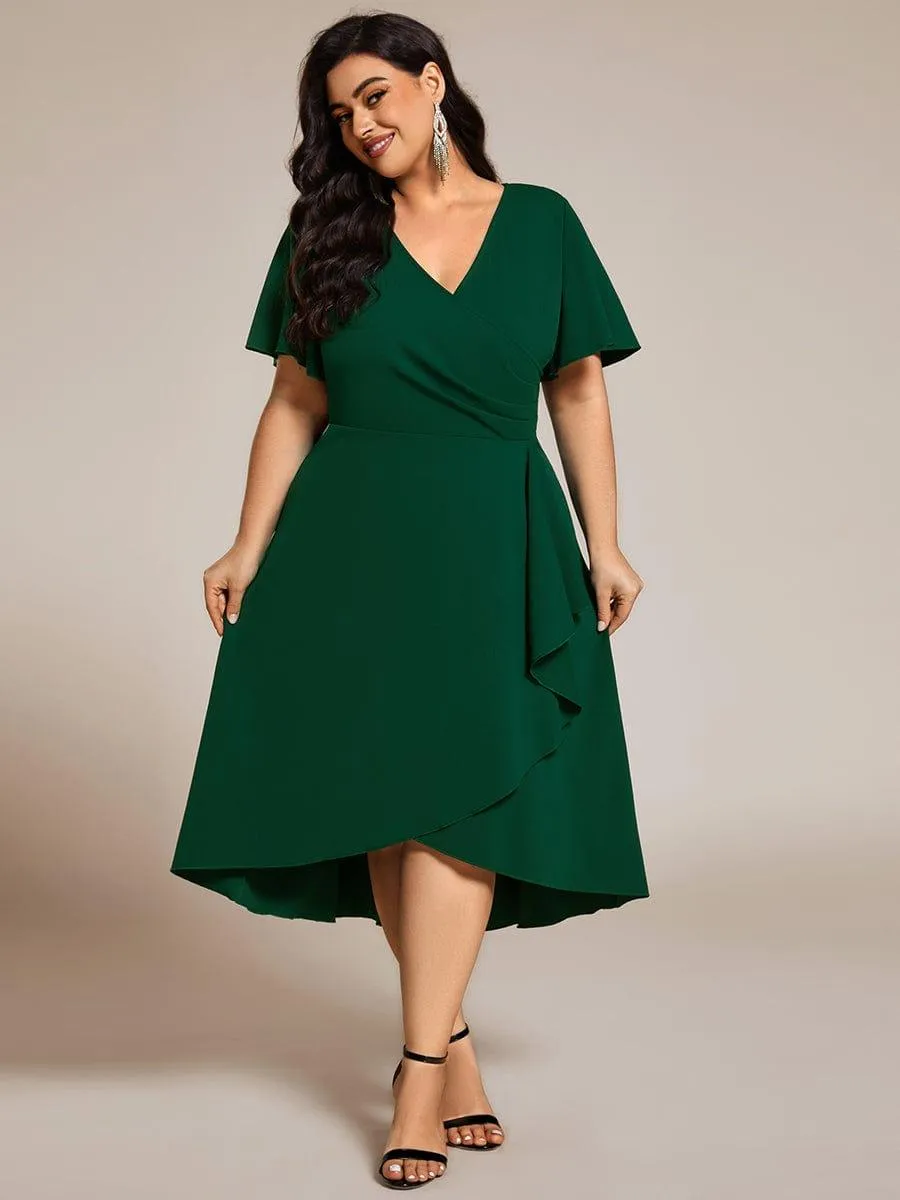 Plus Size High-Stretch V-neck Midi Wedding Guest Dress