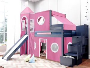 Princess Twin Loft Bed BLUE, Stairs Slide Pink White Tent