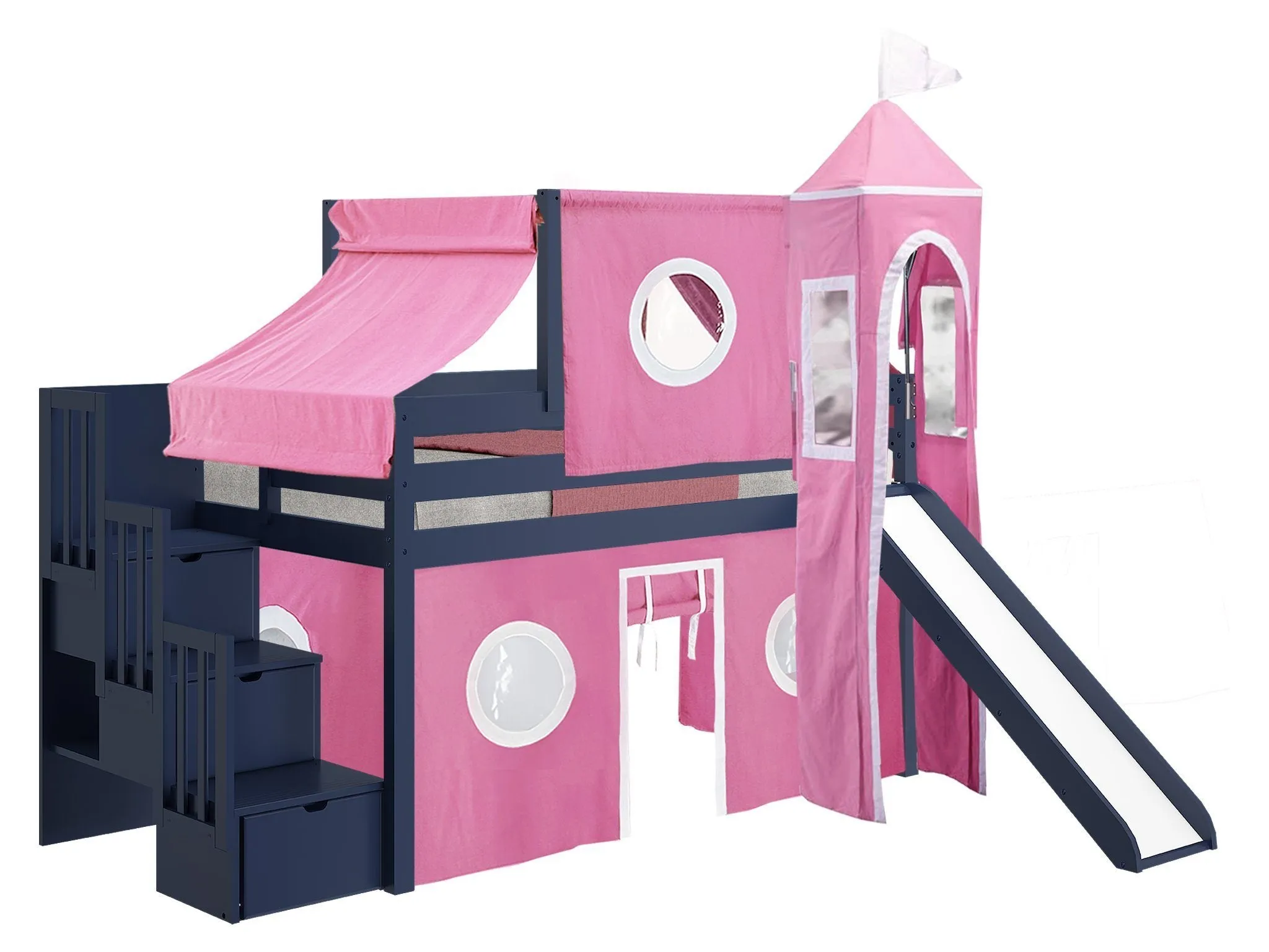 Princess Twin Loft Bed BLUE, Stairs Slide Pink White Tent