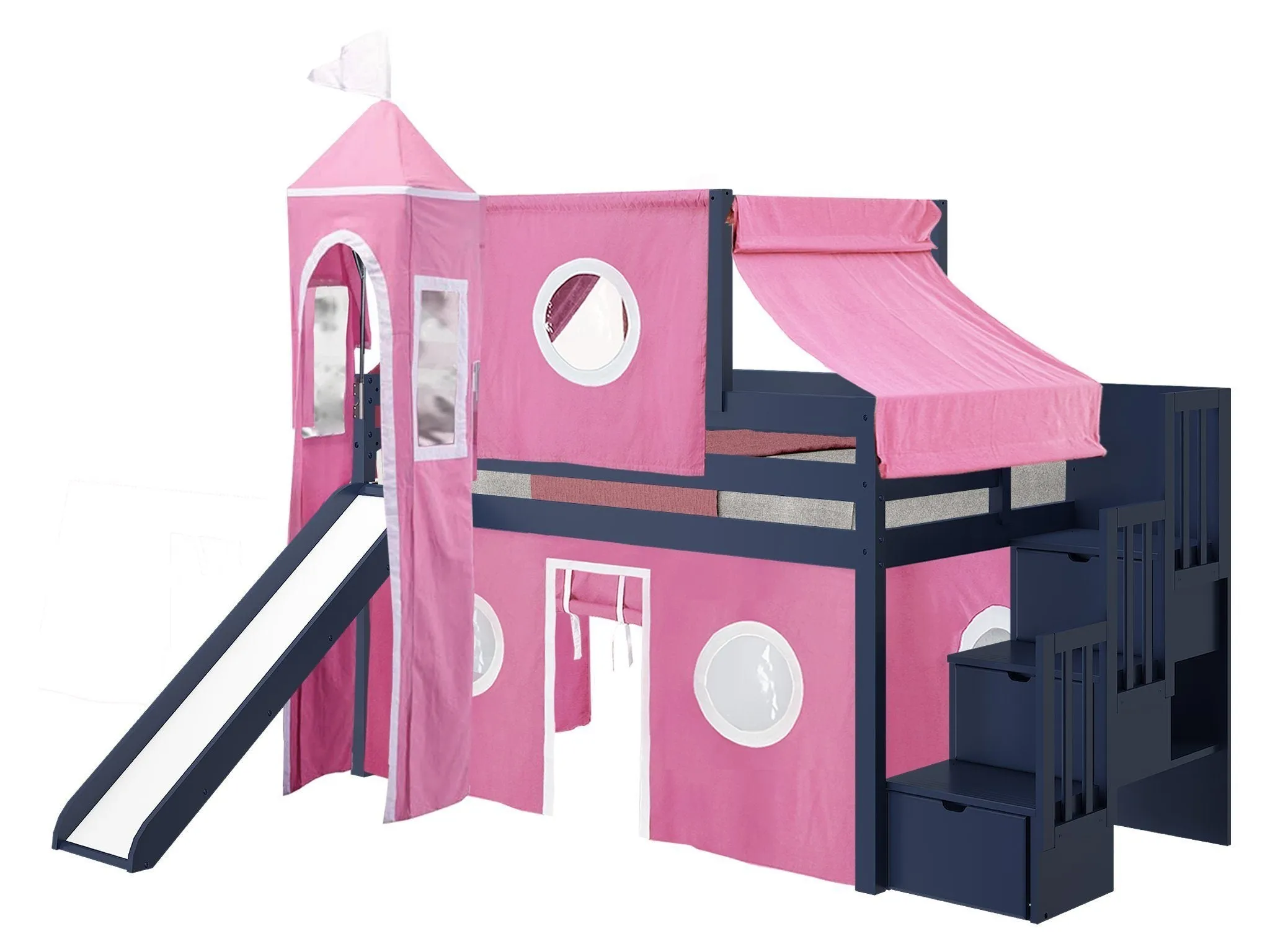 Princess Twin Loft Bed BLUE, Stairs Slide Pink White Tent