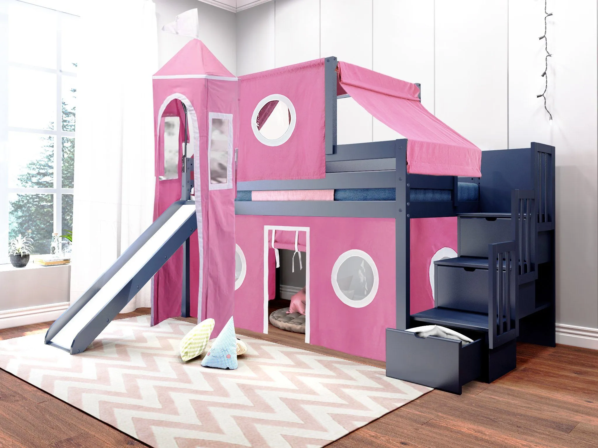 Princess Twin Loft Bed BLUE, Stairs Slide Pink White Tent