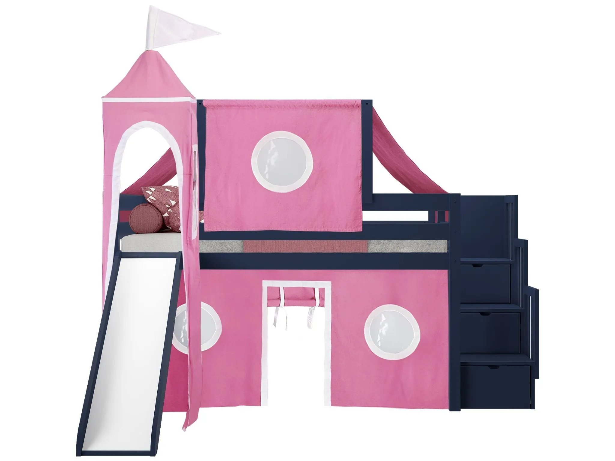 Princess Twin Loft Bed BLUE, Stairs Slide Pink White Tent