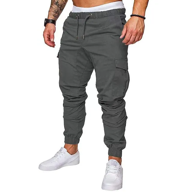 Riolio Men's Cargo Pants Cargo Trousers Joggers Trousers Drawstring Elastic Waist Plain Breathable Full Length 100% Cotton Streetwear Casual Loose Fit Black White Micro-elastic