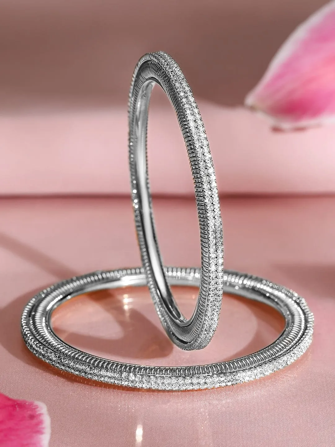 Rubans Set of 2, Rhodium-Plated Sparkling Cubic Zirconia Studded Premium Bangles