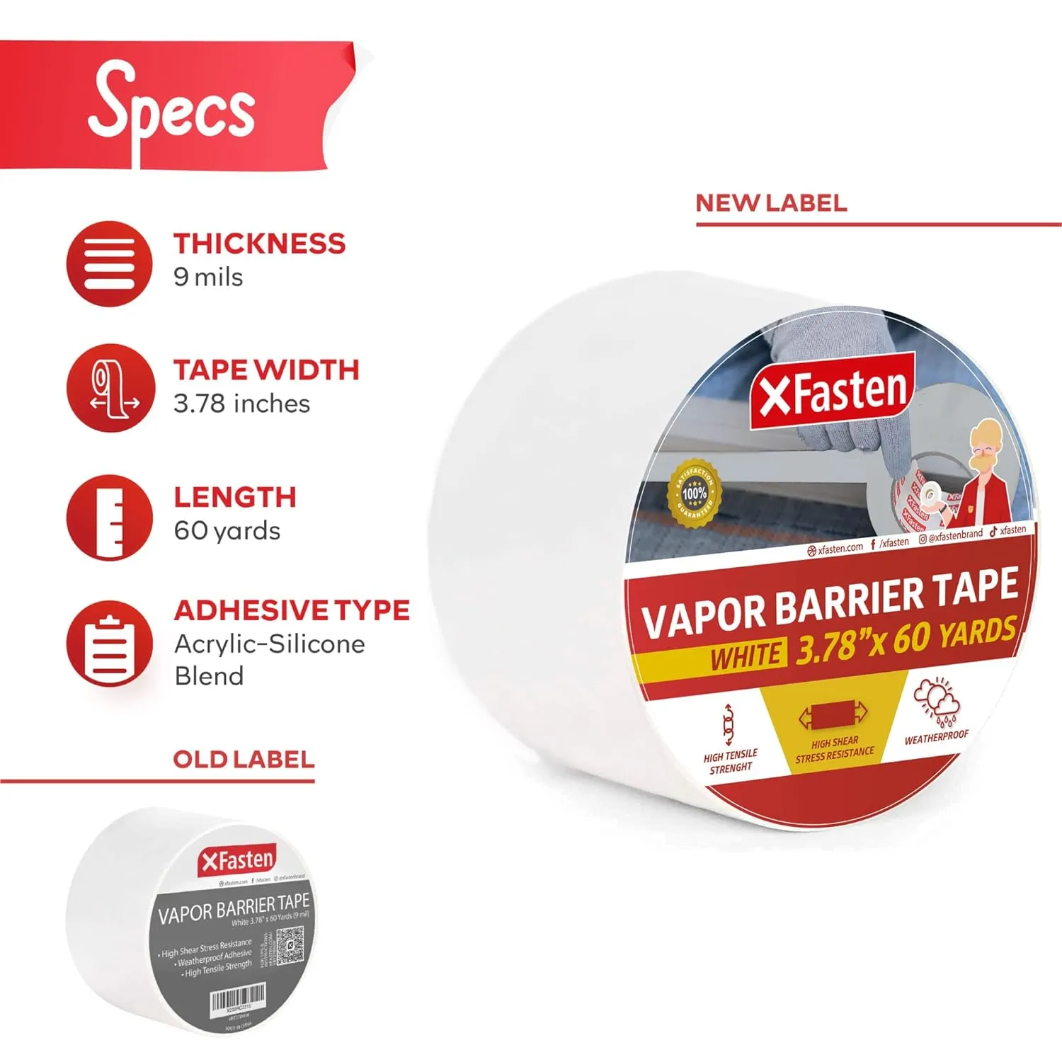 XFasten White Vapor Barrier Tape, 9 mil, 3.78-Inch x 60-Yards